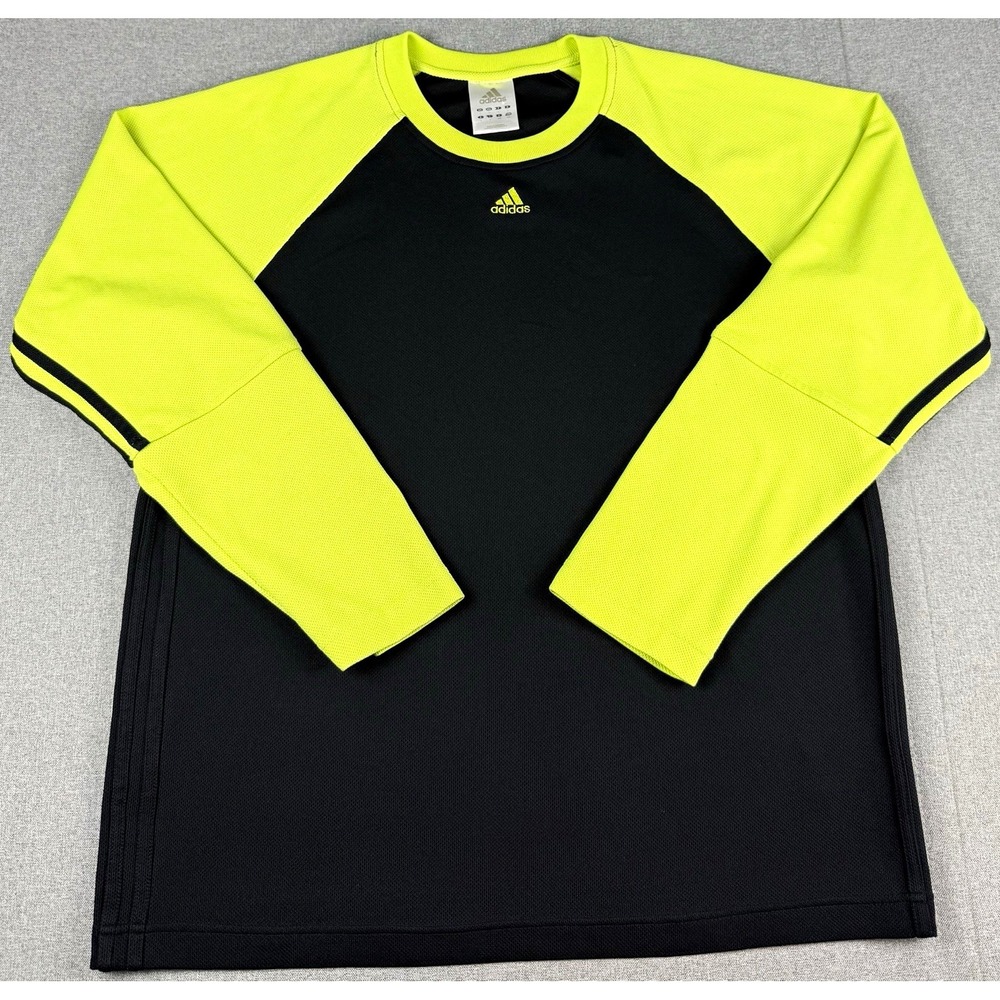 Adidas Mens L Long Sleeve Shirt Black Neon Yellow 3 Stripe Athletic Soccer